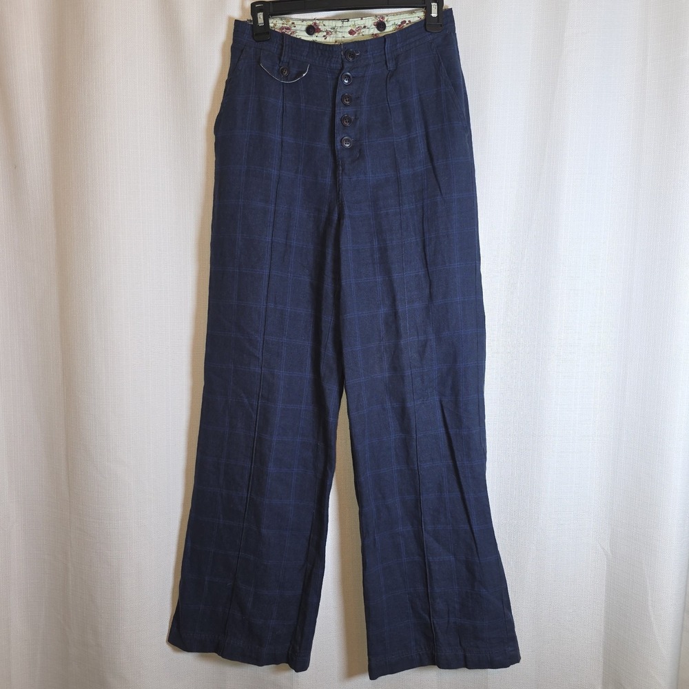 Sundance Pants Women 27x30 Blue Plaid Linen Cotton Exposed Buttons Wide Leg
